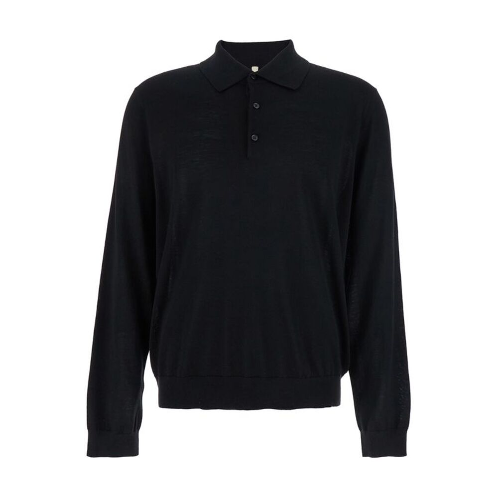 Sunflower Men Black Polo Shirt With Classic Collar And Ribbed Trims In Wool Man